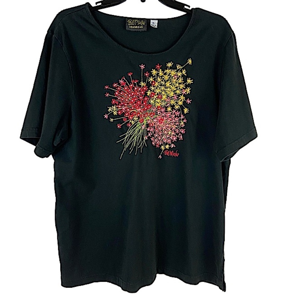 Bob Mackie Wearable Art Embroidered Flower Bouquet Black Top Size Extra Large
